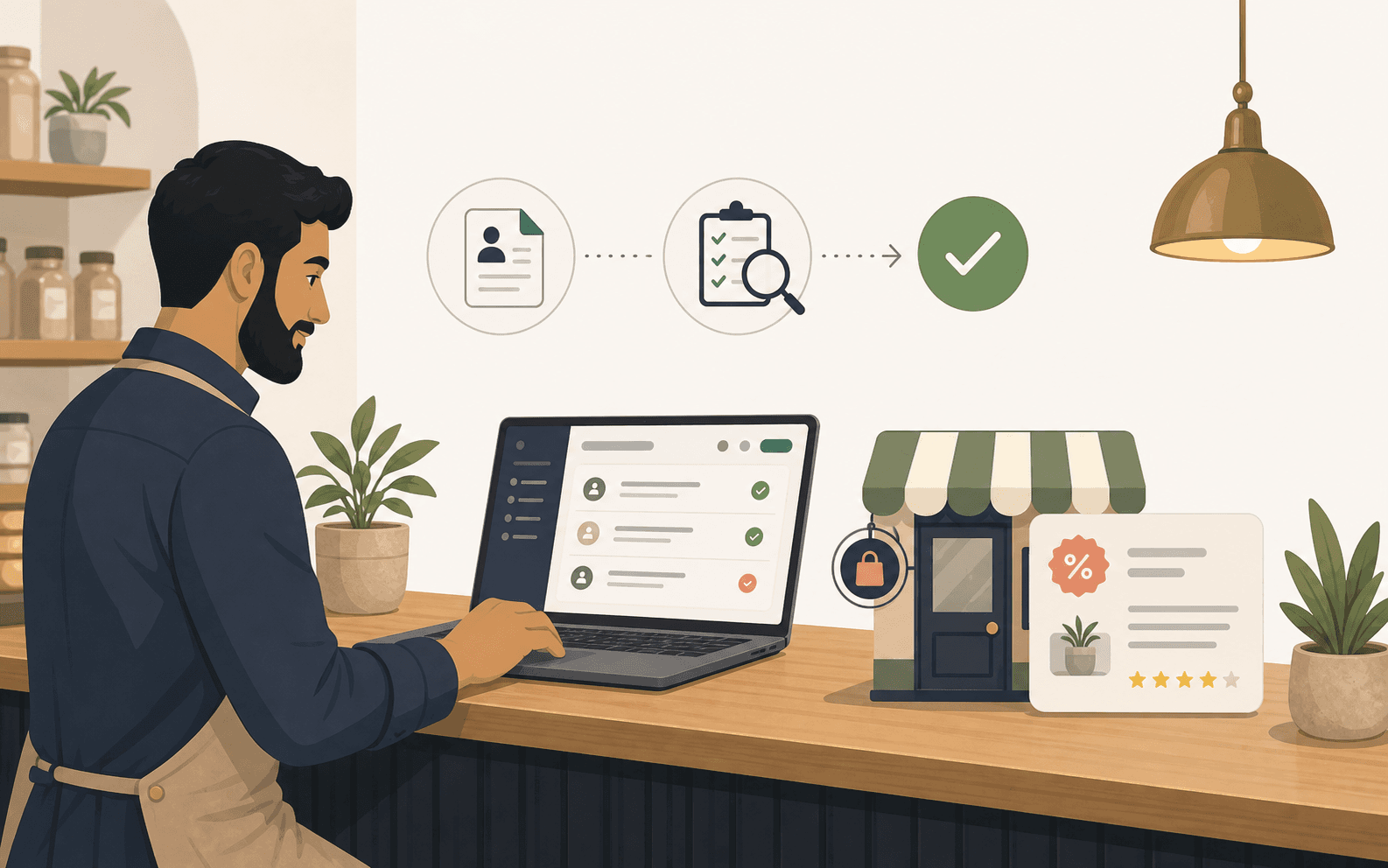 Business owner preparing a partner application at a local shop counter